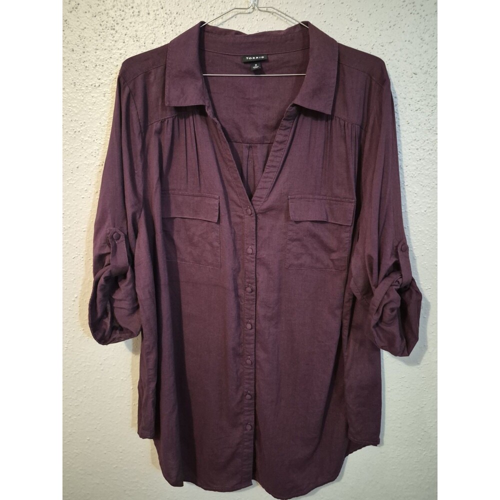 Torrid Top Plus Size 2 Button Front Blouse Long Sleeve Burgundy Chiffon Office